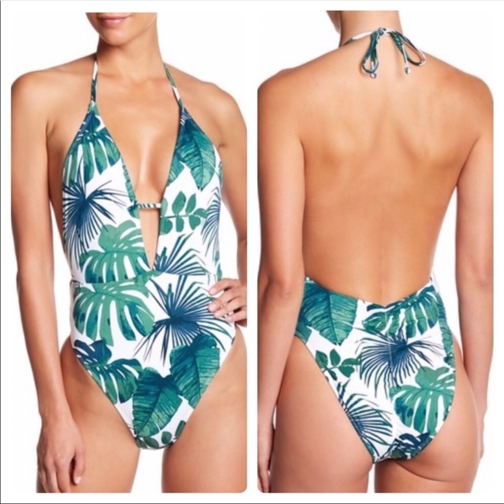 The Bikini Lab Fronds Halter One Piece Bathing Suit White Green Blue Sz MED NWT